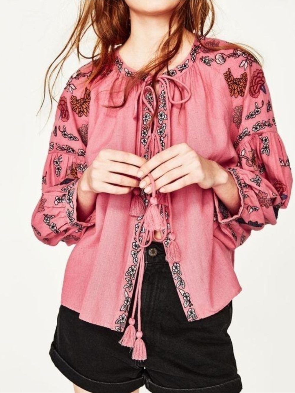 Zara Trafaluc Collection Tie Front Jacket Blouse Embrpidery Billowy Sleeves M